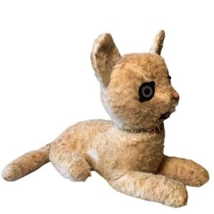 Vintage Stuffed Cat Plush Toy Tan Fur Big Eyes Unique Collar Collectible 13"